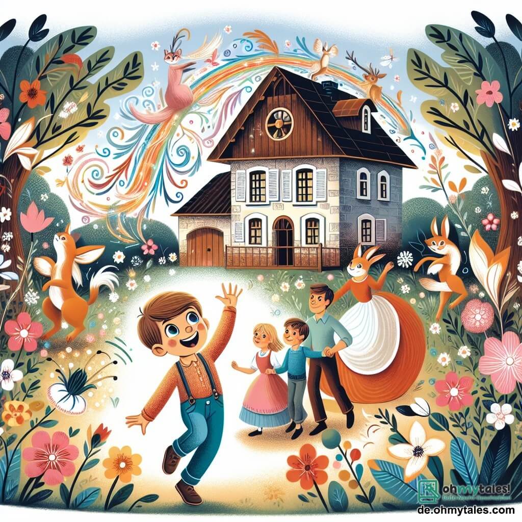 Une illustration destinée aux enfants représentant un petit garçon curieux et joyeux, confronté à un déménagement inattendu, accompagné d'une famille de parents aimants, dans une maison ancienne entourée d'un grand jardin magique aux fleurs dansantes et aux animaux parlants.