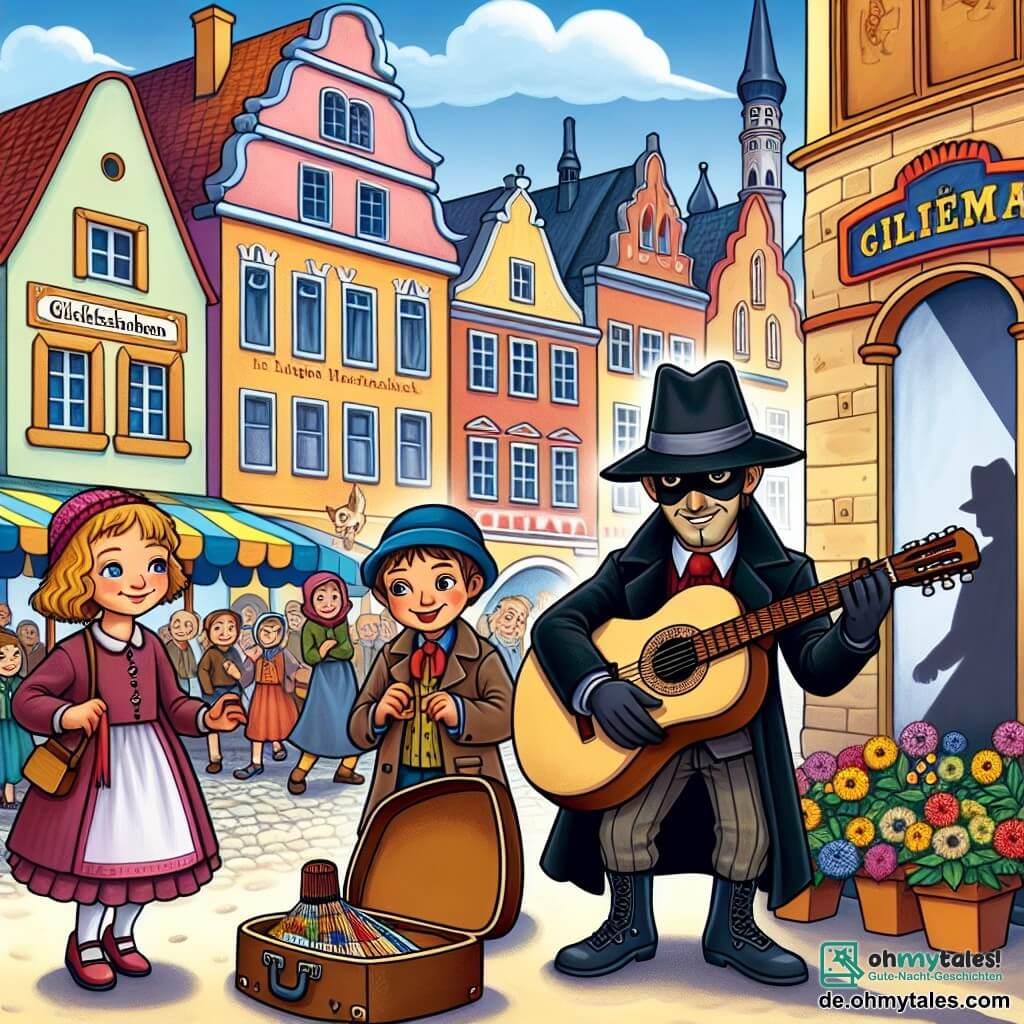 Une illustration destinée aux enfants représentant un homme mystérieux et talentueux jouant de la guitare sur un marché animé, attirant l'attention d'une fille curieuse et d'un garçon intrépide, avec des maisons colorées et un vieux cinéma en arrière-plan dans la petite ville de Glückshausen.