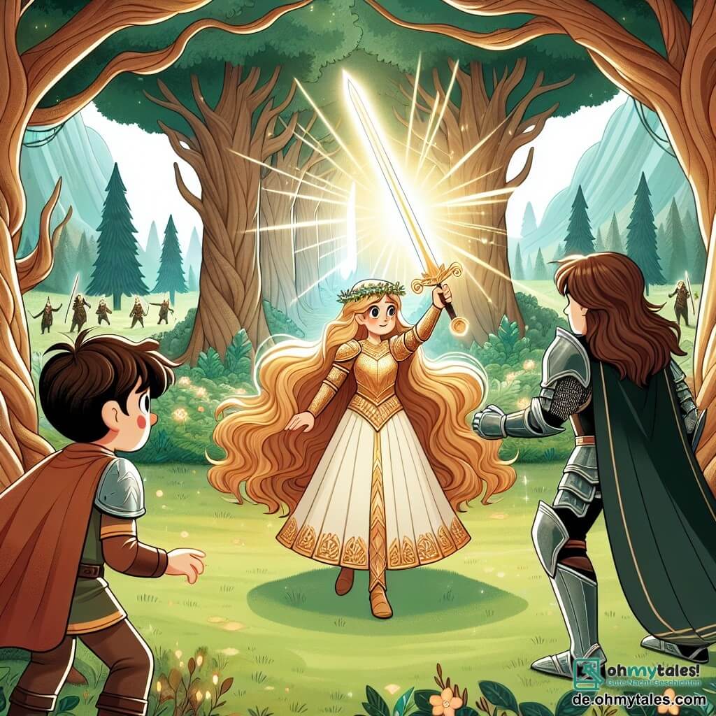 Une illustration sous forme de dessin destinée aux enfants représentant une clairière enchantée, entourée d'arbres majestueux aux feuilles scintillantes, où une jeune femme courageuse aux cheveux longs et dorés, vêtue d'une armure étincelante, brandit son épée lumineuse face à un sombre guerrier en armure noire, tandis qu'à ses côtés, deux amis, un garçon robuste aux cheveux bruns et une fille aux yeux pétillants, se tiennent prêts à l'aider, illustrant le moment où ils affrontent ensemble les forces de l'obscurité pour sauver leur royaume.