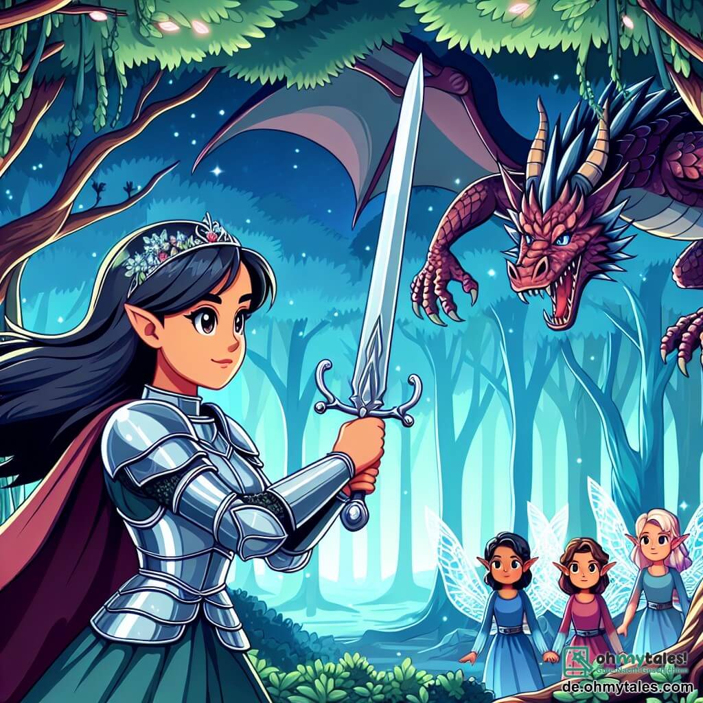 Une illustration sous forme de dessin destinée aux enfants représentant une vaste et majestueuse forêt enchantée, où une jeune femme aux longs cheveux sombres et aux yeux brillants, vêtue d'une armure étincelante, brandit courageusement son épée face à un immense dragon aux écailles rouges, tandis que des elfes aux ailes scintillantes, cachés derrière les arbres, observent la scène avec des expressions d'admiration et d'inquiétude, capturant l'instant où la héroïne se prépare à affronter le monstre pour sauver son royaume du mal.
