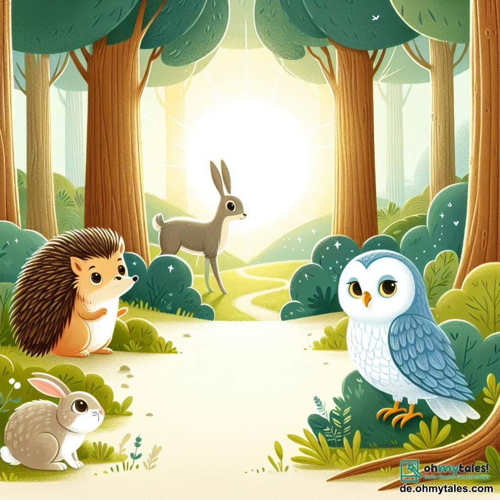 Une illustration destinée aux enfants représentant un hérisson courageux, un lapin curieux et une chouette sage dans une forêt enchantée aux arbres majestueux et aux rayons de soleil doux filtrant à travers les feuilles.