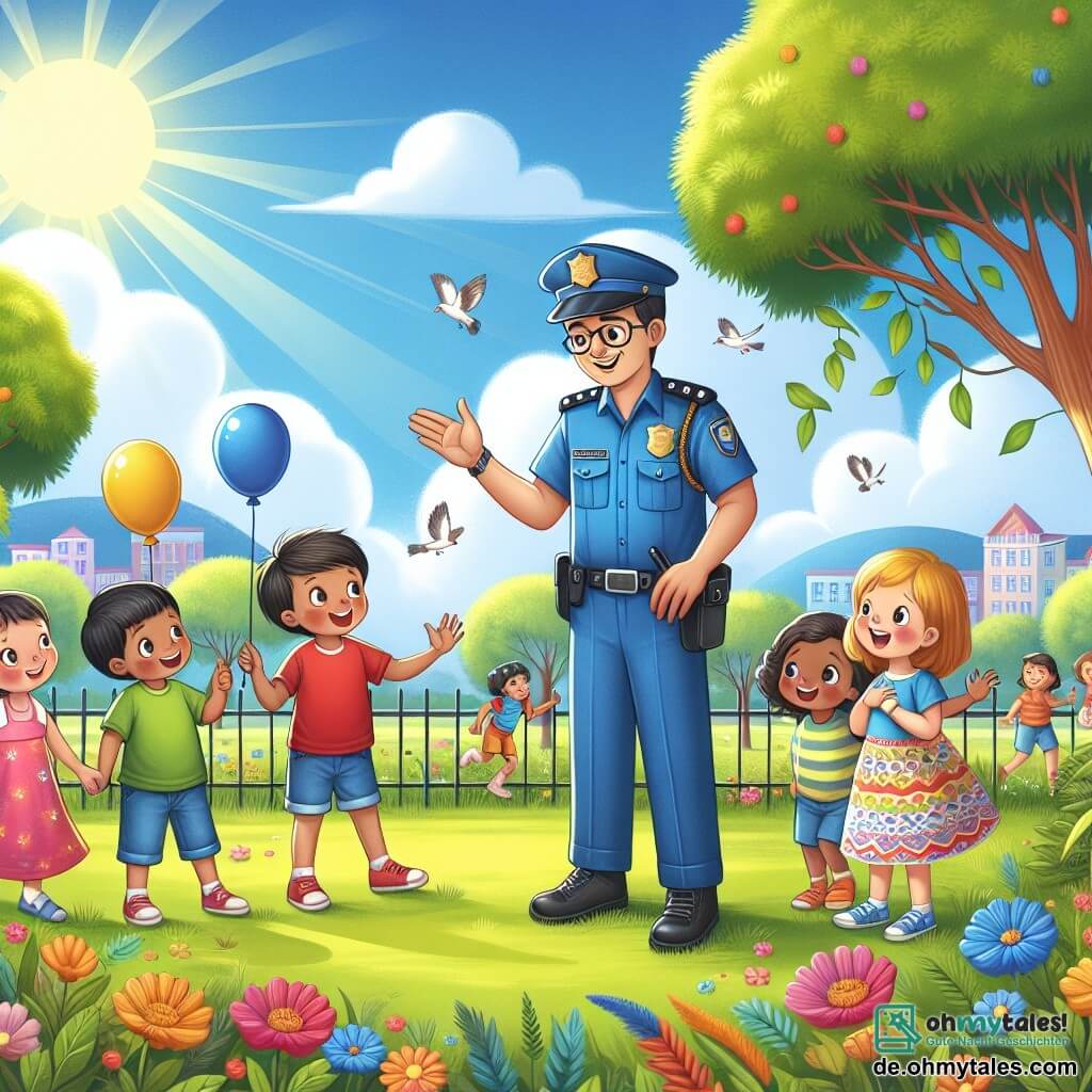 Illustration eines sonnigen Parks, gefüllt mit üppigem Grün, mit Bäumen mit glänzenden Blättern und bunten Blumen, die im Wind tanzen. In der Mitte steht ein Mann in Polizeiuniform, mit einer blauen Mütze und einem Gürtel mit Sicherheitszubehör, der warm lächelt, während er sich zu einer Gruppe von Kindern beugt. Unter den Kindern hält ein etwa 6-jähriger Junge mit braunen Haaren und einem roten T-Shirt einen Ballon und schaut den Polizisten bewundernd an. Neben ihm hebt ein 5-jähriges Mädchen mit blonden Haaren und einem bunten Kleid begeistert die Hand, um den Polizisten zu grüßen. Die Szene fängt den Moment ein, in dem der Polizist den Kindern die Bedeutung von Sicherheit und Regeln erklärt, mit einem freundlichen und einladenden Ausdruck. Im Hintergrund spielen andere Kinder fröhlich, was eine Atmosphäre von Glück und Kameradschaft schafft. Der Himmel ist blau mit einigen weißen Wolken, und Vögel fliegen darüber, was eine fröhliche und friedliche Stimmung erzeugt.