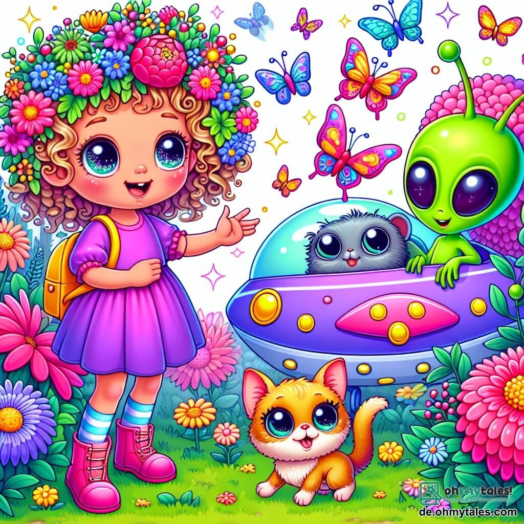 Une illustration sous forme de dessin destinée aux enfants représentant un jardin coloré rempli de fleurs éclatantes et de papillons, où une petite fille de 5 ans aux cheveux bouclés et aux yeux pétillants joue joyeusement avec un petit extraterrestre vert à grandes oreilles et un sourire amical, tandis qu'un adorable animal aux plumes colorées les observe curieusement, capturant l'instant où ils s'apprêtent à embarquer dans un vaisseau spatial scintillant caché derrière un buisson fleuri, symbolisant l'amitié et l'aventure intergalactique.