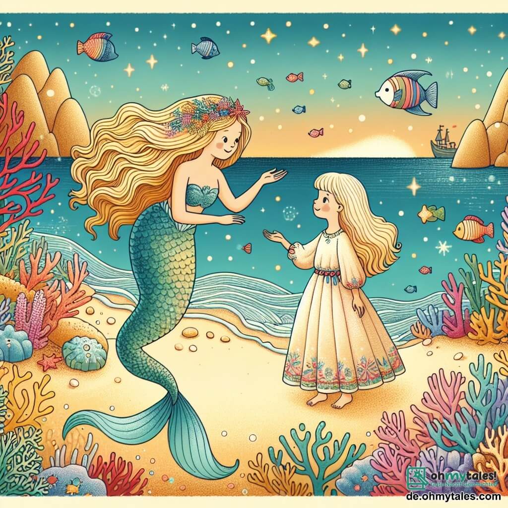 Une illustration destinée aux enfants représentant une magnifique sirène aux longs cheveux dorés rencontrant une jeune fille curieuse sur une plage de sable fin, entourées de coraux colorés et de poissons étincelants, dans le village de Seestern, où les vagues murmurent des secrets enchantés.