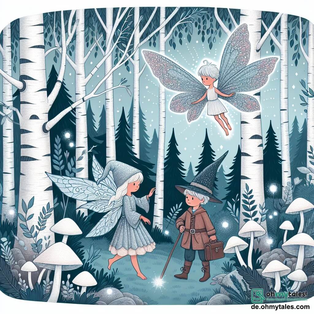 Une illustration destinée aux enfants représentant un jeune apprenti sorcier, accompagné d'une petite fée aux ailes scintillantes, explorant un mystérieux et enchanté bois de bouleaux argentés et de champignons lumineux.