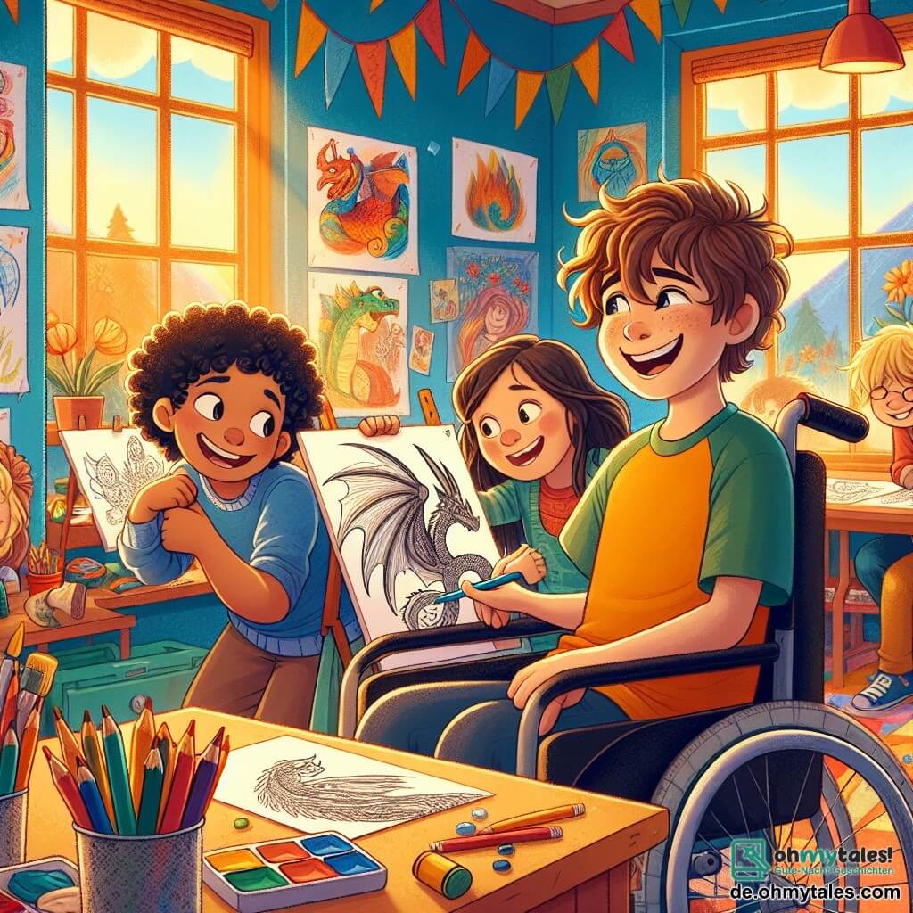 Illustration einer hellen und fröhlichen Szene in einem bunten Klassenzimmer, mit Wänden, die mit Kinderzeichnungen geschmückt sind, und Fenstern, die Sonnenlicht hereinlassen. In der Mitte sitzt ein etwa 10-jähriger Junge mit braunen, lockigen Haaren in einem Rollstuhl, mit einem großen Lächeln im Gesicht. Er hält einen Bleistift in einer Hand und ein Skizzenbuch in der anderen, konzentriert auf seine Zeichnung eines majestätischen Drachen. Neben ihm beugt sich ein 10-jähriger Junge mit glatten, blonden Haaren vor, um die Zeichnung bewundernd zu betrachten, seine Augen funkeln vor Begeisterung. Im Hintergrund diskutieren andere Kinder, ein Junge mit schwarzen Haaren und ein Mädchen mit braunen Haaren, fröhlich, während sie die an der Wand hängenden Kunstwerke betrachten. Die Atmosphäre ist erfüllt von Kameradschaft und Kreativität, die Akzeptanz und Freundschaft über Unterschiede hinweg illustriert. Buntstifte und Pinsel sind auf einem Tisch verstreut und verleihen der Szene eine künstlerische Note.