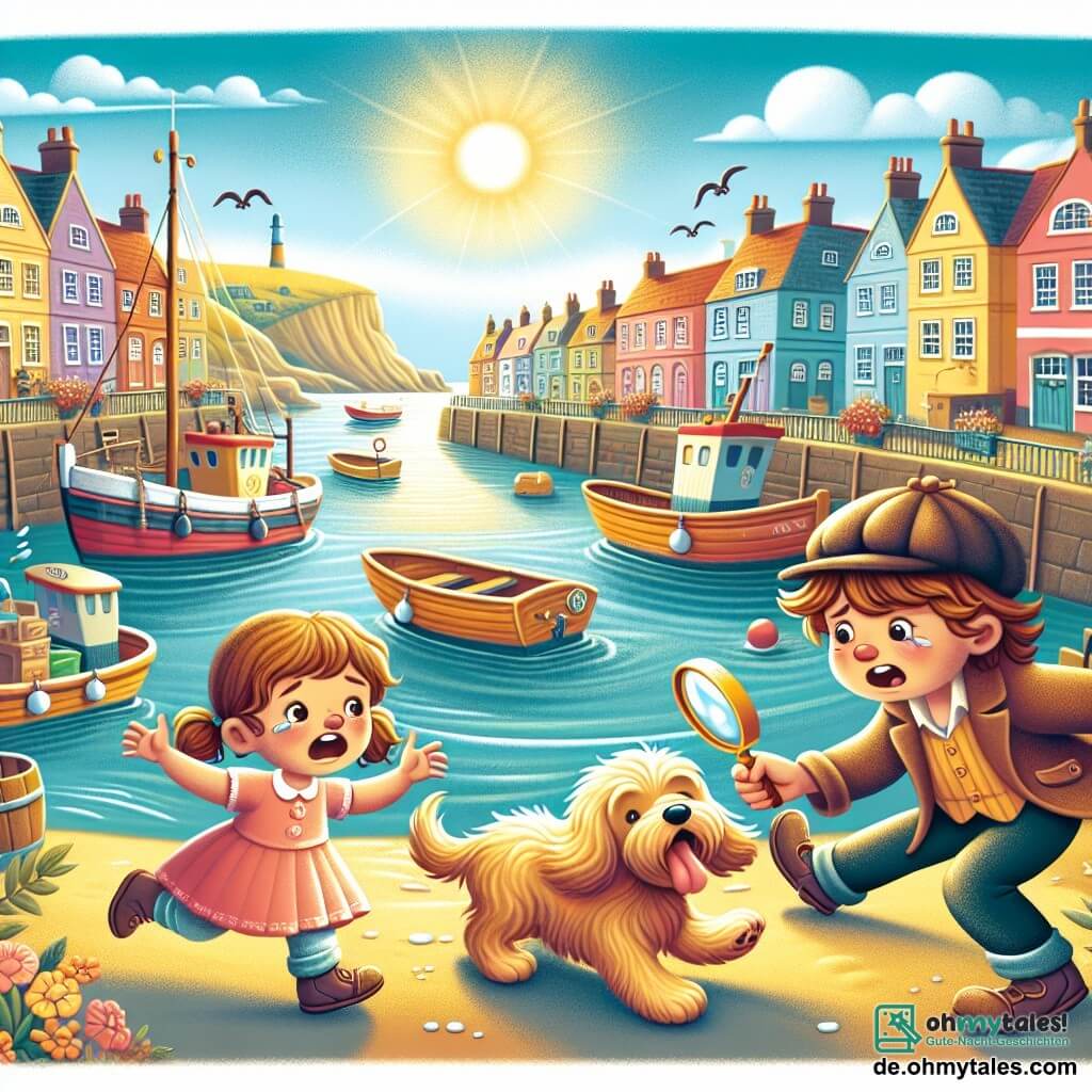 Une illustration sous forme de dessin destinée aux enfants représentant un charmant petit port coloré, avec des bateaux de pêche amarrés et des vagues douces, où un jeune homme aux cheveux châtains, portant une grande mèche et une loupe à la main, cherche un petit chien doré qui court joyeusement vers lui, tandis qu'une petite fille aux cheveux bouclés et à la robe rose, les larmes aux yeux, pointe du doigt la direction où le chien s'est échappé, le tout baigné dans une lumière ensoleillée et joyeuse, évoquant un esprit d'aventure et de mystère.