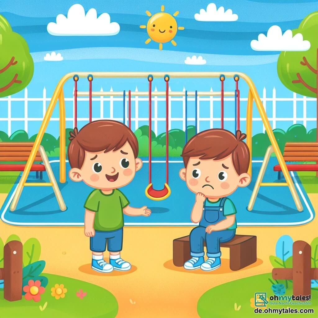 Une illustration destinée aux enfants représentant un jeune garçon joyeux rencontrant un garçon triste sur un grand et coloré terrain de jeu en plein air, où des balançoires, des toboggans et des bancs sont disposés, sous un ciel ensoleillé.