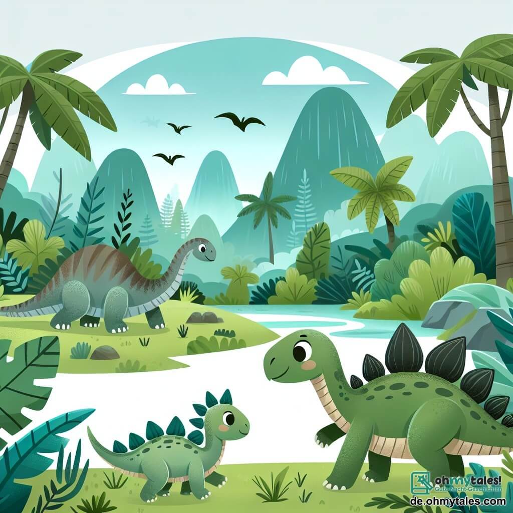 Une illustration destinée aux enfants représentant un jeune stégosaure curieux et aventureux, accompagné d'une jeune hadrosaure perdue, explorant un vaste et luxuriant jungle préhistorique.