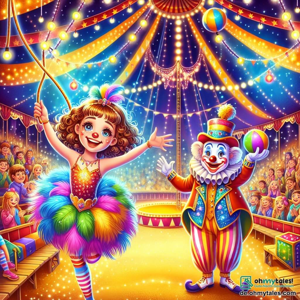 Illustration einer lebhaften und bunten Szene in einem großen Zirkuszelt, mit funkelnden Lichtern und bunten Fähnchen, die darüber wehen. Der Boden ist mit goldenem Stroh bedeckt, und begeisterte Zuschauer sitzen auf Holzbänken und warten auf die Magie der Aufführung. Im Mittelpunkt des Bildes steht ein 11-jähriges Mädchen mit lockigem kastanienbraunem Haar und strahlenden Augen, das auf einem kleinen Trapez sitzt. Sie trägt ein glitzerndes Kostüm in leuchtenden Farben, verziert mit Pailletten und Federn, und zeigt ein breites Lächeln, bereit, in die Luft zu springen. Ihre Arme sind ausgestreckt, und sie wirkt voller Selbstvertrauen und Energie. Neben ihr jongliert ein fröhlicher Clown in den Dreißigern mit bunten Bällen, sein Gesicht weiß geschminkt, mit einer roten Nase und einem großen Lächeln. Er trägt einen gestreiften Anzug und einen Zylinder. Sein komischer und ermutigender Gesichtsausdruck verleiht der Szene einen Hauch von Magie. Die Hauptsituation zeigt das Mädchen, das sich in die Luft schwingt, bereit für einen akrobatischen Sprung, während der Clown sie enthusiastisch anfeuert. Im Hintergrund fügen Zirkustiere wie ein Elefant und Pferde zur festlichen Atmosphäre bei, während Sterne und Konfetti sanft vom Himmel fallen und eine traumhafte und wunderbare Stimmung erzeugen.