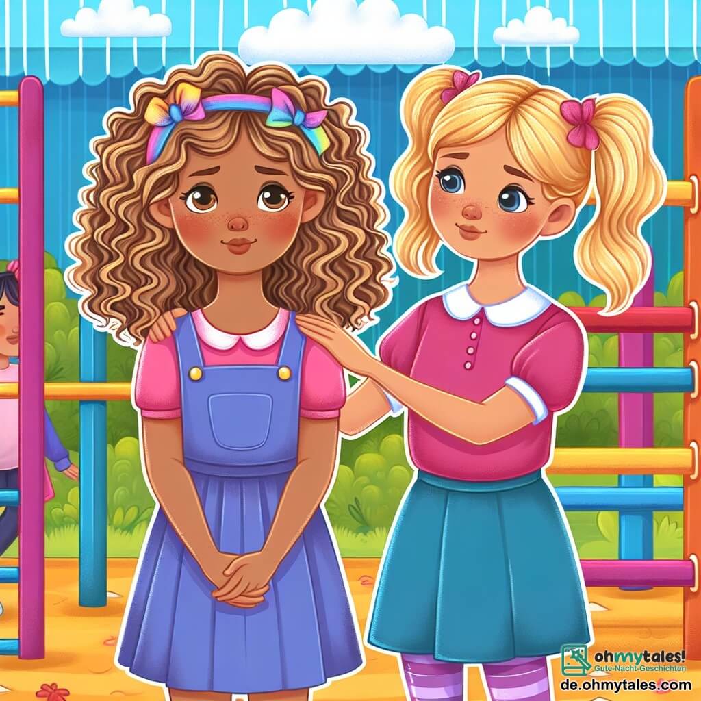 Une illustration destinée aux enfants représentant une fillette aux boucles d'or confrontée au cyber-harcèlement, soutenue par sa meilleure amie, une fille aux blondes couettes, dans la cour de récréation d'une école colorée et animée.