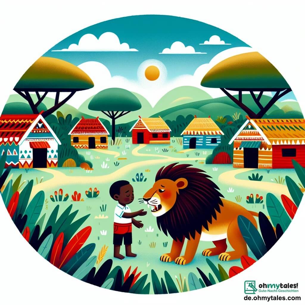 Une illustration destinée aux enfants représentant un jeune homme plein de gentillesse et de courage rencontrant un majestueux lion affamé, dans un petit village africain entouré de huttes colorées et de la savane luxuriante.