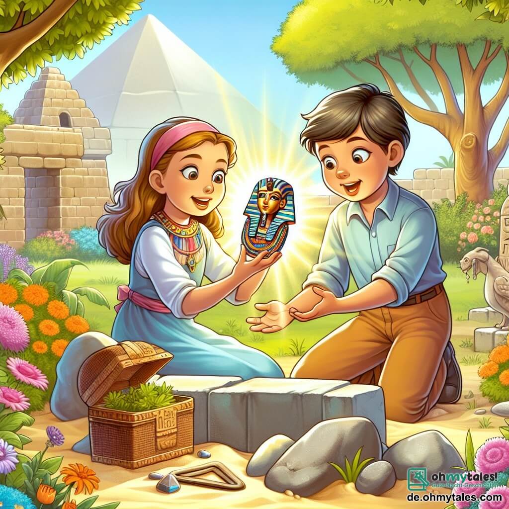 Une illustration destinée aux enfants représentant une jeune archéologue passionnée découvrant un mystérieux amulette égyptien aux côtés de son petit frère curieux, dans un jardin ensoleillé rempli de fleurs colorées, un château de sable et un vieux puits en pierre.