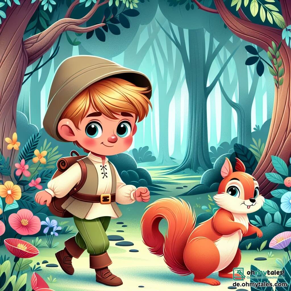 Une illustration destinée aux enfants représentant un petit garçon courageux et déterminé, accompagné d'un charmant petit écureuil triste, dans un magnifique et mystérieux bois enchanté aux arbres majestueux et aux fleurs chatoyantes.