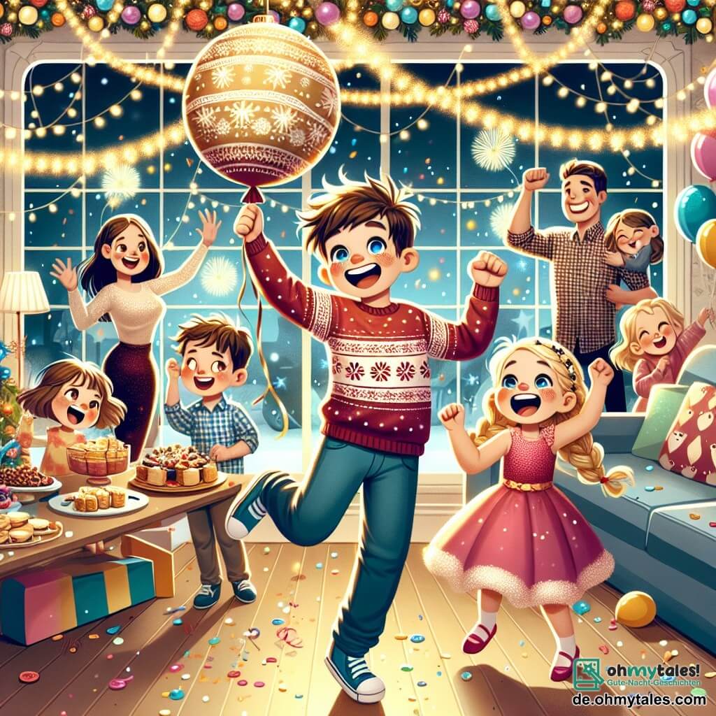 Illustration einer festlichen Szene in einem für Silvester dekorierten Wohnzimmer. Der Raum ist mit bunten Ballons, glitzernden Girlanden und einem großen Banner mit der Aufschrift "Frohes neues Jahr!" dekoriert, das über einem Tisch mit köstlichen Snacks hängt. In der Mitte des Bildes springt ein 11-jähriger Junge mit zerzausten braunen Haaren und funkelnden Augen vor Freude, ein breites Lächeln erhellt sein Gesicht. Er trägt einen roten Pullover mit Schneeflockenmuster und eine blaue Hose. Neben ihm tanzt ein etwa 6-jähriges Mädchen mit geflochtenen blonden Haaren und einem rosa Kleid begeistert, die Arme in die Luft gehoben. Im Hintergrund beobachten die Eltern, ein Mann und eine Frau in ihren Dreißigern, mit glücklichen und staunenden Gesichtsausdrücken, der Mann trägt ein kariertes Hemd und die Frau ein elegantes Kleid. Die Szene ist hell erleuchtet, mit Feuerwerkskörpern, die durch das Fenster sichtbar sind, was dieser fröhlichen Feier einen Hauch von Magie verleiht.