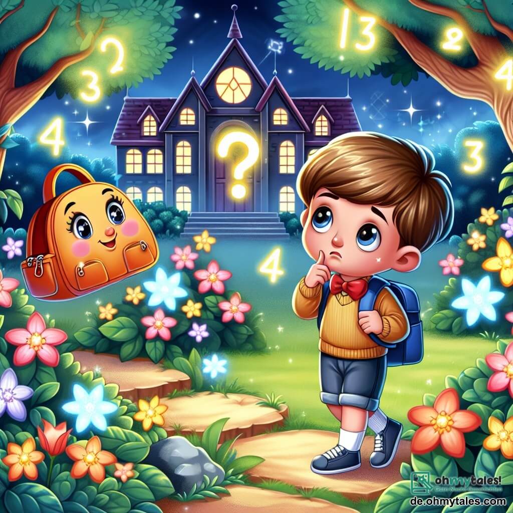 Une illustration destinée aux enfants représentant un garçon intrigué par un défi mathématique impossible, accompagné de sa fidèle amie Zara, la verzauberte Schultasche, explorant un jardin secret derrière l'école, où des fleurs lumineuses en forme de chiffres dansent et brillent.