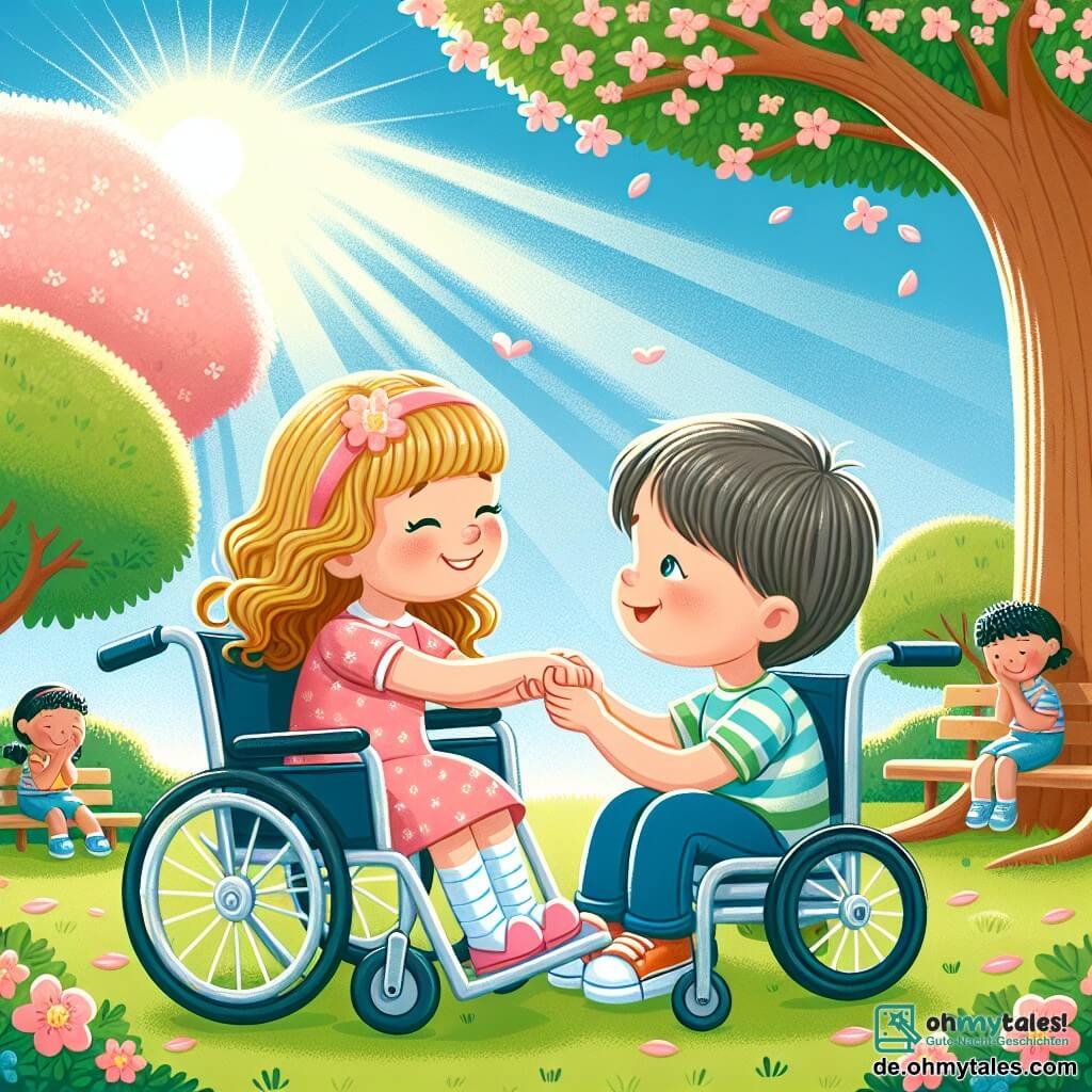 Une illustration destinée aux enfants représentant une jeune fille joyeuse en fauteuil roulant, partageant un moment de complicité avec une nouvelle amie, un garçon timide, sous un grand arbre fleuri dans un parc ensoleillé.