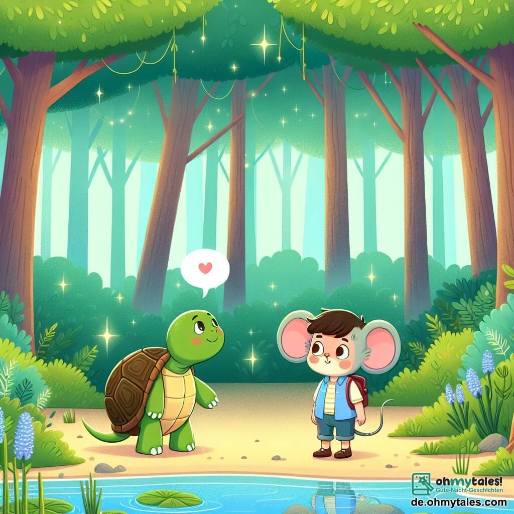 Une illustration destinée aux enfants représentant une petite tortue garçon, timide et rêveur, rencontrant une souris garçon nommée Max, dans une forêt luxuriante avec de grands arbres et des étangs scintillants.