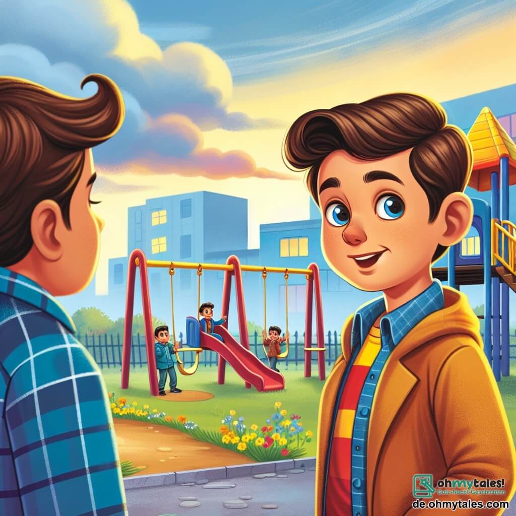 Une illustration destinée aux enfants représentant un garçon aux cheveux bruns et aux yeux curieux, confronté à un mensonge qu'il a raconté à son ami, sur le magnifique et coloré terrain de jeu avec des balançoires, des toboggans et une grande structure de jeu.