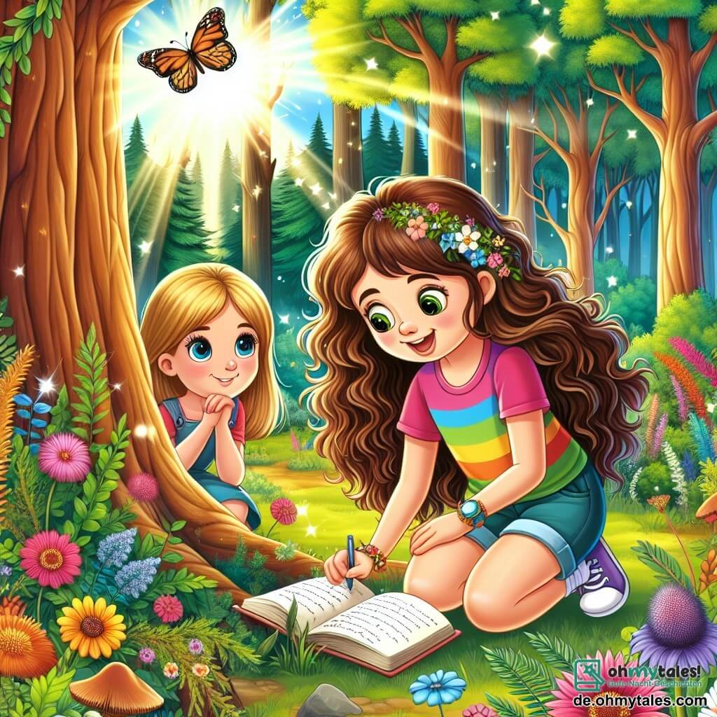 Illustration einer sonnigen Lichtung im Herzen eines grünen Waldes, umgeben von großen, robusten Bäumen mit leuchtenden Blättern. In der Mitte hockt ein 11-jähriges Mädchen mit langen, lockigen, kastanienbraunen Haaren, das ein buntes T-Shirt und Shorts trägt, neben einem großen Baum und lächelt schelmisch, während es in ein kleines Notizbuch schreibt. Neben ihr steht ein weiteres etwa 11-jähriges Mädchen mit glatten, blonden Haaren, das ein leichtes Kleid trägt und neugierig in das Notizbuch schaut, mit leuchtenden Augen vor Aufregung. Die Szene strahlt eine Atmosphäre von Freundschaft und Kreativität aus, während sie Ideen für ihre Geschichte über einen geheimnisvollen Wächter des Waldes austauschen. Bunte Blumen und Schmetterlinge umschwirren sie und verleihen diesem Treffen einen Hauch von Magie.