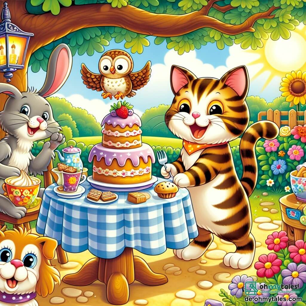 Une illustration sous forme de dessin destinée aux enfants représentant un café coloré installé sous une grande chêne dans un parc ensoleillé, avec un chat au pelage rayé et aux yeux pétillants, en train de servir des gâteaux aux animaux, tandis qu'un joyeux lapin aux grandes oreilles et une sage chouette aux plumes douces s'affairent autour d'une table décorée de fleurs, tous riant ensemble après qu'un petit chien curieux ait accidentellement fait tomber des biscuits, créant une scène pleine de joie et de camaraderie.