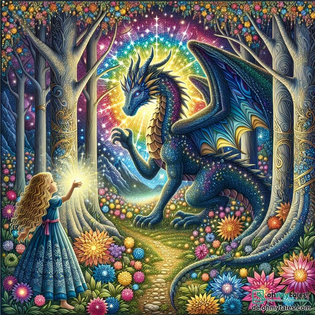 Illustration einer magischen Szene in einem verwunschenen Wald, wo große Bäume mit silbernen Stämmen in einen strahlend bunten Himmel aufragen, erleuchtet von einer strahlenden Sonne. Bunte, glitzernde Blumen, die wie Edelsteine funkeln, bedecken den Boden, während ein sanfter Wind die Blätter tanzen lässt. Im Zentrum der Szene steht ein majestätischer Drache mit tiefblauen, schimmernden Schuppen und großen, leuchtenden Augen, die wie Sterne strahlen. Mit ausgebreiteten Flügeln, verziert mit goldenen Mustern, fängt er das Licht ein und schafft einen magischen Glanz um sich. Er beschützt einen leuchtenden Kristall, der Regenbogenlicht ausstrahlt, und steht entschlossen da, bereit, sein Reich zu verteidigen. In der Nähe beobachtet ein etwa zehnjähriges Mädchen mit lockigem, goldenem Haar in einem leichten, blumenmusternden Kleid voller Bewunderung. Ihre Augen strahlen vor Bewunderung und Besorgnis, während sie die Hand zum Drachen ausstreckt, um ihm ihre Unterstützung zu zeigen. Die Hauptsituation zeigt den Drachen, der einer bedrohlichen Schattenfigur gegenübersteht, symbolisiert durch die verschwommene Silhouette einer Hexe, deren Gesicht halb von einer dunklen Kapuze verborgen ist. Die Spannung ist spürbar, doch Hoffnung leuchtet in den Augen des Mädchens und des Drachen, bereit, ihre Kräfte zu vereinen, um den verwunschenen Wald zu schützen. Lichtstrahlen emanieren vom Kristall, erhellen die Szene und verleihen ihr einen Hauch von Magie.