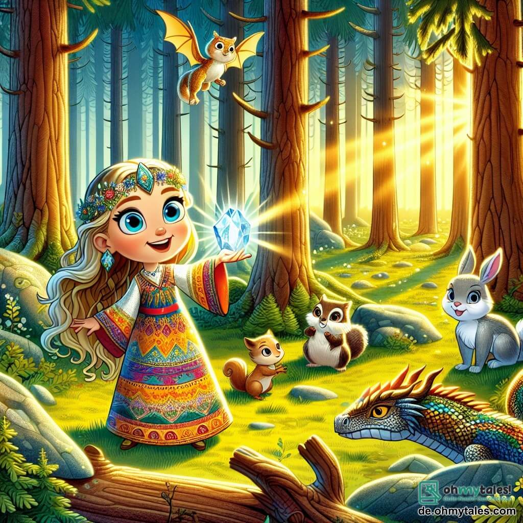 Une illustration sous forme de dessin destinée aux enfants représentant une clairière enchantée dans un ancien bois norvégien, baignée de lumière dorée, où une jeune fille aux longs cheveux dorés et aux yeux brillants, vêtue d'une robe colorée, se tient courageusement avec un petit dragon aux écailles iridescentes flottant autour d'elle, tandis qu'un groupe d'animaux du bois, comme un écureuil curieux et un hibou sage, l'observe avec admiration alors qu'elle brandit un éclatant cristal magique, prête à défendre la paix du royaume contre des ombres menaçantes qui s'approchent à l'horizon.