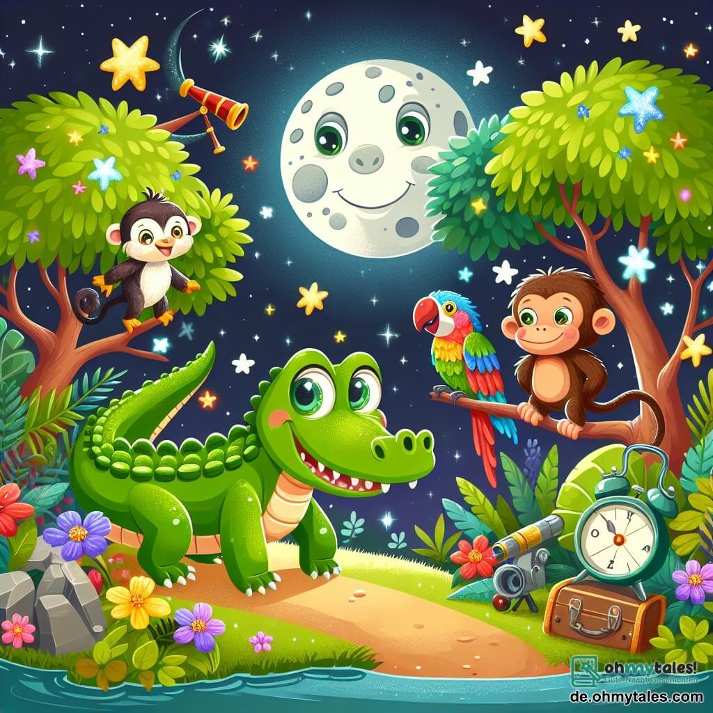 Illustration einer nächtlichen Szene in einem magischen Zoo, wo der Mond intensiv über einem grünen Gehege leuchtet und Bäume mit funkelnden Blättern und bunten Blumen erhellt. In der Mitte steht ein fröhliches Krokodil mit leuchtend grüner Haut, großen funkelnden Augen und einem breiten Lächeln auf seinen Hinterbeinen, bereit für ein Abenteuer. Neben ihm springt ein kleiner Affe mit braunem Fell und schelmischen Augen von Ast zu Ast, während ein Papagei mit leuchtend roten, blauen und gelben Federn auf einem Ast sitzt und neugierig zuschaut. Gemeinsam sind sie auf der Suche nach einem versteckten Schatz, umgeben von funkelnden Objekten wie einem alten Wolf und einem kaputten Spielzeug, was der Szene ein Hauch von Geheimnis und Spaß verleiht. Sterne funkeln am Himmel, und eine leichte Brise lässt die Blätter tanzen, was eine magische und lebendige Atmosphäre schafft.