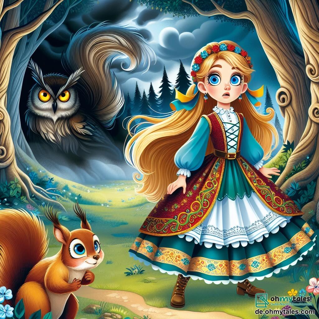 Une illustration sous forme de dessin destinée aux enfants représentant une clairière enchantée au cœur d'une forêt magique, où une jeune femme aux longs cheveux dorés et aux yeux bleu ciel, vêtue d'une robe colorée, se tient courageusement face à un sombre nuage menaçant, tandis qu'un petit écureuil espiègle aux yeux pétillants et une sage chouette aux plumes argentées l'observent avec inquiétude, tous unis pour affronter l'ombre mystérieuse qui menace de plonger leur monde dans la nuit.