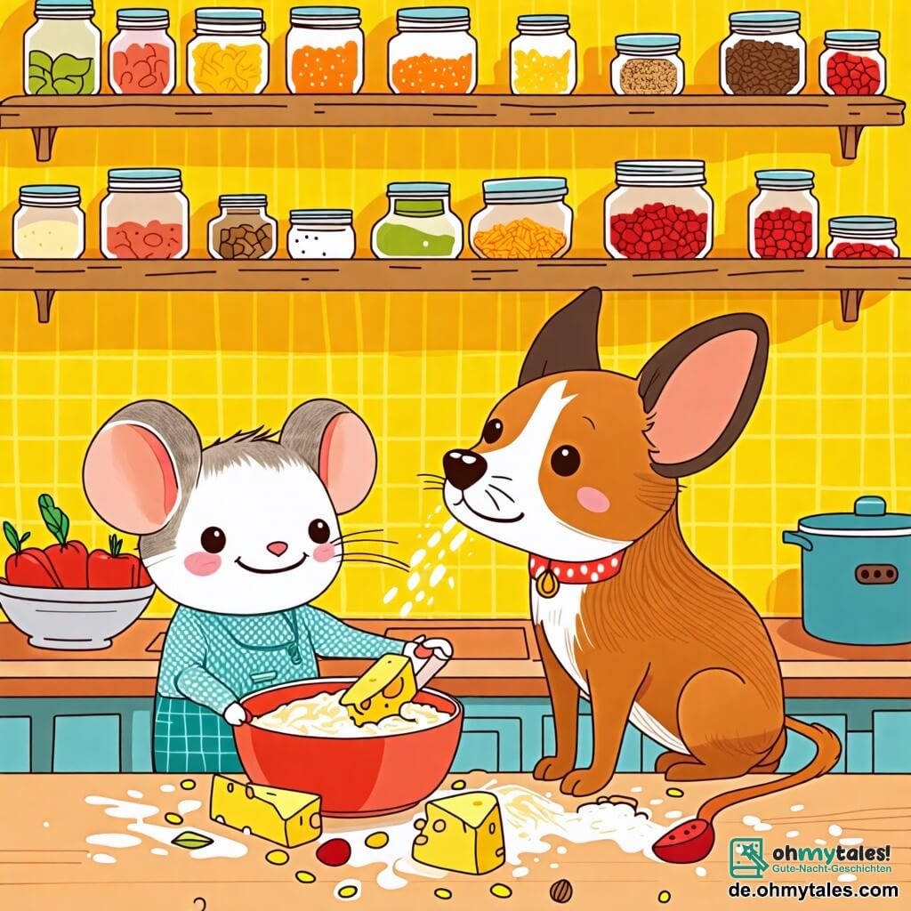 Une illustration sous forme de dessin destinée aux enfants représentant une cuisine colorée et chaleureuse, avec des murs peints en jaune et des étagères remplies de pots d'épices, où une petite souris aux grandes oreilles et au sourire éclatant est en train de mélanger des ingrédients dans un grand bol, tandis qu'un chien joyeux, avec un pelage brun et des yeux pétillants, se tient à ses côtés, les pattes sur le comptoir, reniflant un morceau de fromage qui a glissé, le tout dans une ambiance ludique et amicale, illustrant le moment amusant où ils préparent ensemble un délicieux gâteau au fromage.