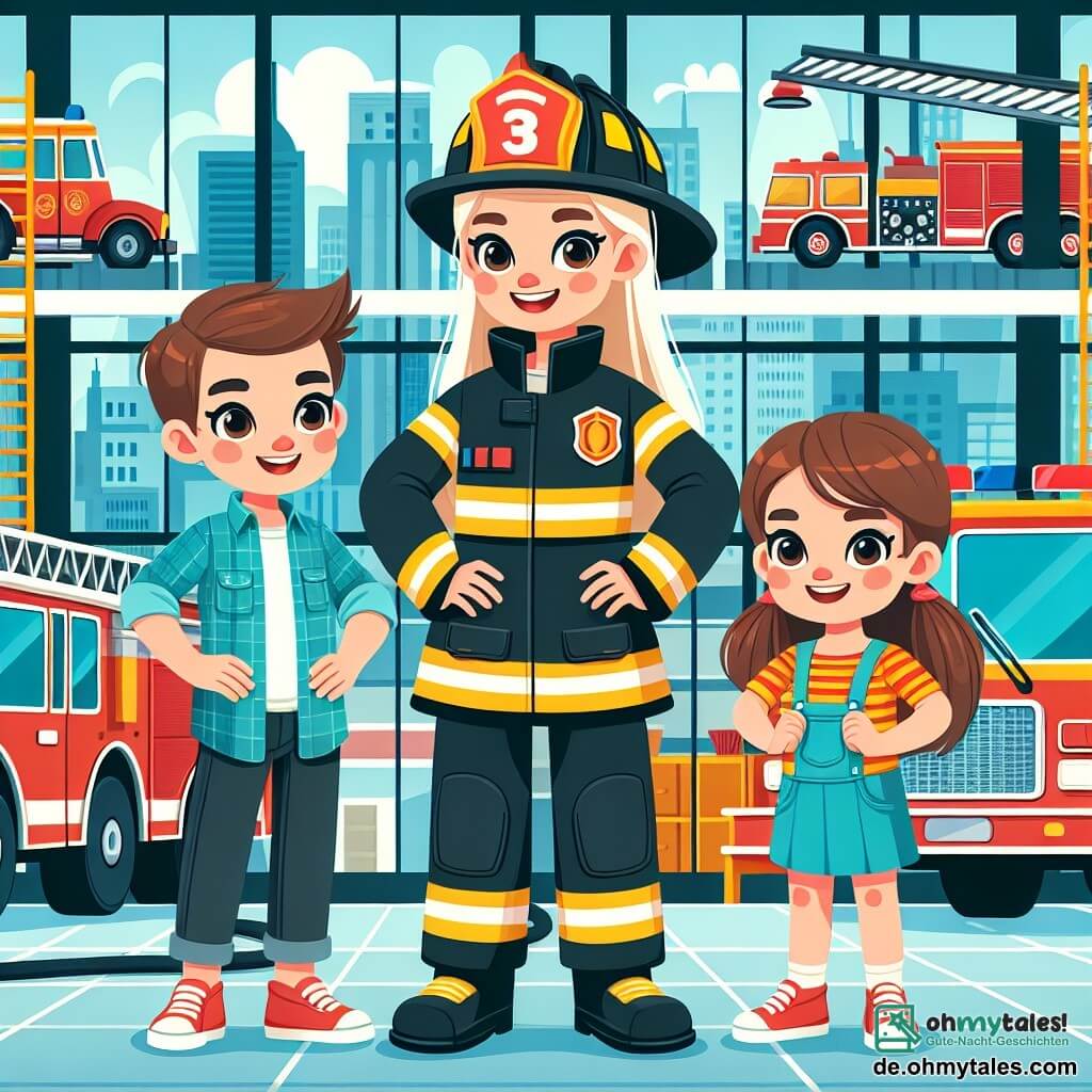 Une illustration destinée aux enfants représentant une courageuse femme pompier, une jeune fille enthousiaste et un garçon curieux, dans une grande caserne de pompiers rouge vif avec un immense camion et des échelles hautes.
