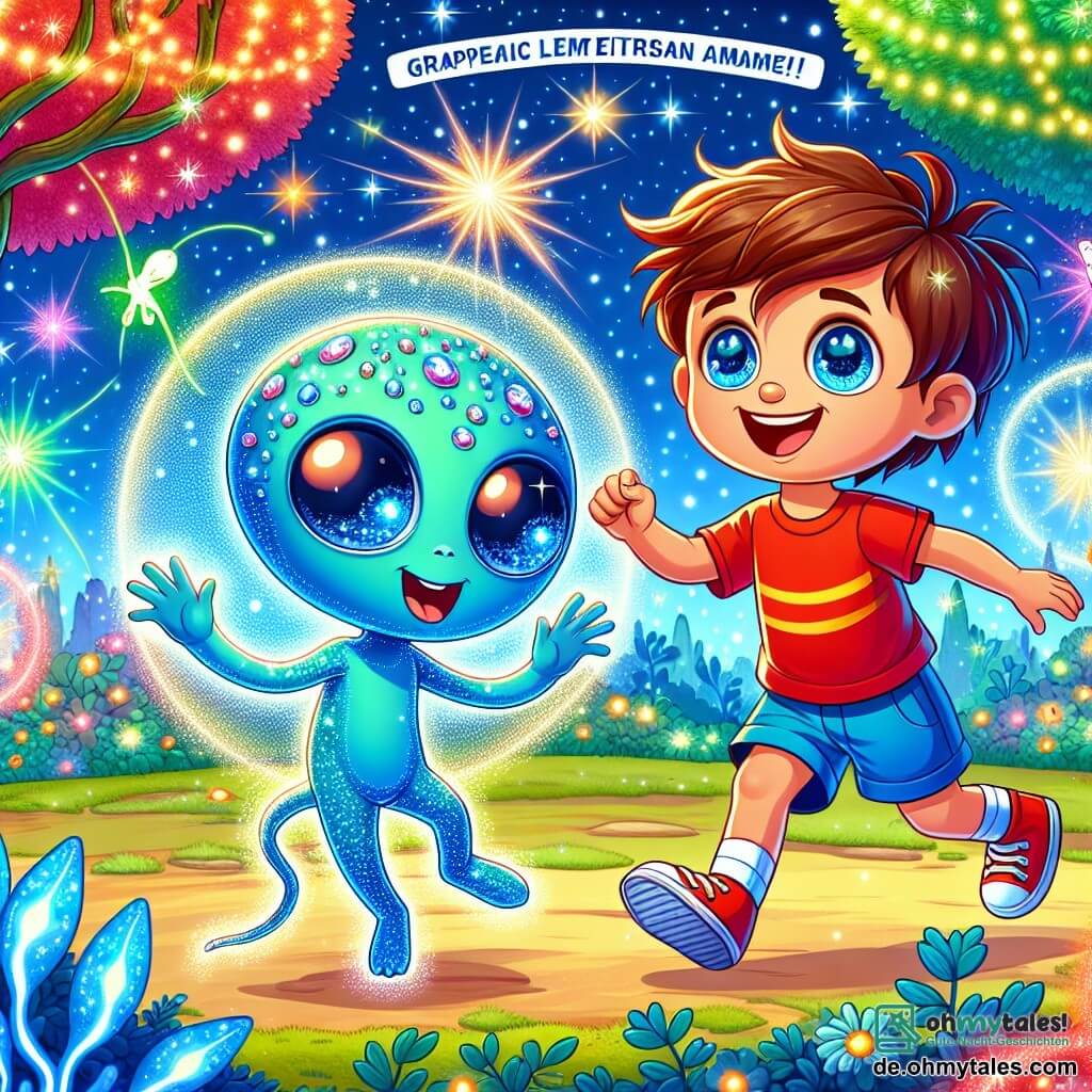 Une illustration sous forme de dessin destinée aux enfants représentant un paysage féerique sur le planète Glimmeria, avec des arbres scintillants aux couleurs vives et des lumières dansantes, où un garçon de 5 ans aux cheveux bruns et aux yeux pétillants, vêtu d'un t-shirt rouge et d'un short bleu, joue joyeusement avec un petit alien amical à la peau bleue et verte, qui a de grands yeux ronds et un sourire éclatant, alors qu'ils s'amusent à danser avec des créatures lumineuses qui flottent autour d'eux, illustrant l'instant magique de leur rencontre et leur aventure ensemble.