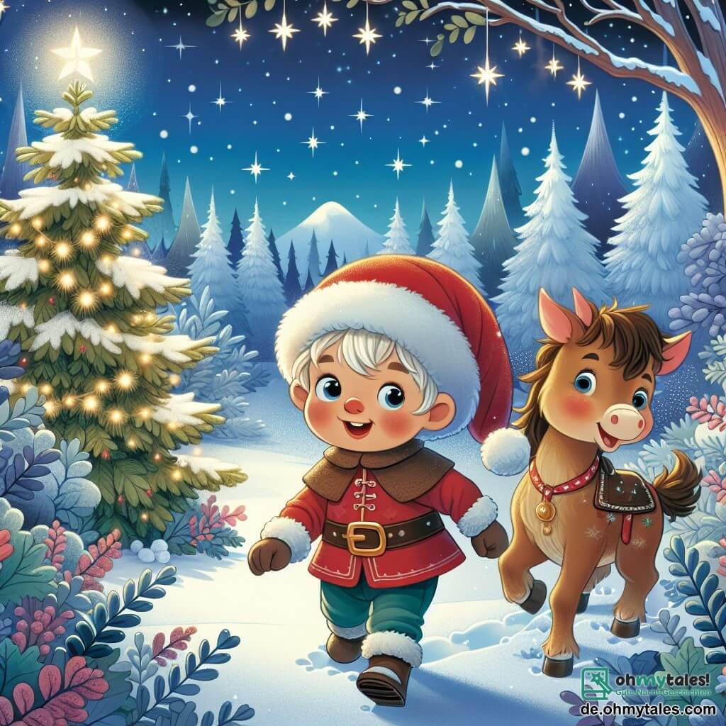 Une illustration destinée aux enfants représentant un jeune garçon plein d'enthousiasme, accompagné d'un joyeux Wichtel, explorant une forêt hivernale enchantée avec des sapins enneigés et des étoiles scintillantes, dans l'attente d'une rencontre magique avec le Père Noël.