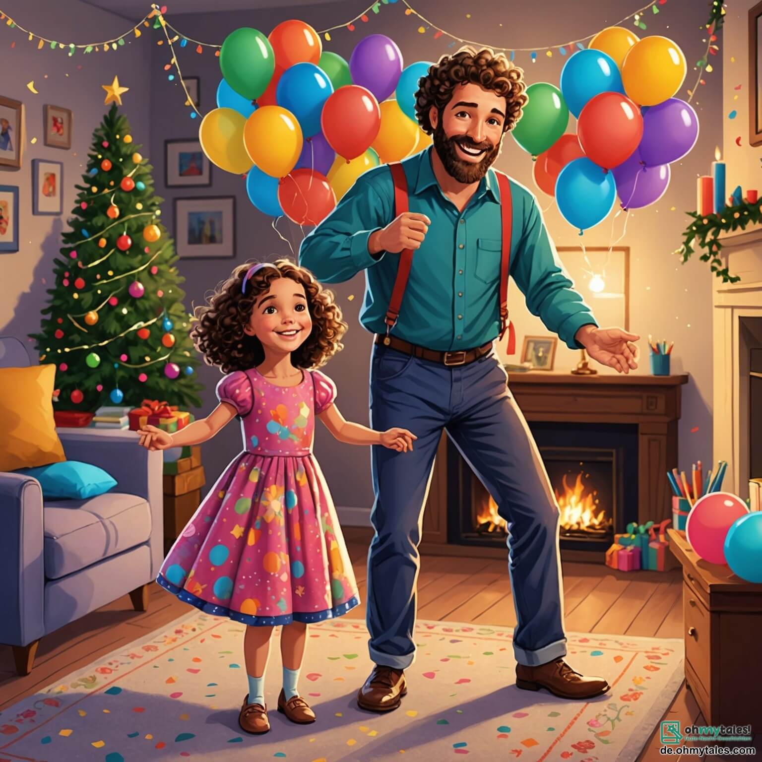 Une illustration destinée aux enfants représentant une petite fille aux yeux pétillants et aux cheveux bouclés, vêtue d'une jolie robe colorée, qui attend avec impatience le feu d'artifice du Nouvel An dans un salon chaleureux décoré de guirlandes scintillantes et de ballons multicolores, tandis que son papa, un homme jovial avec une barbe douce et un sourire éclatant, danse joyeusement à ses côtés, créant une atmosphère festive et pleine de magie.