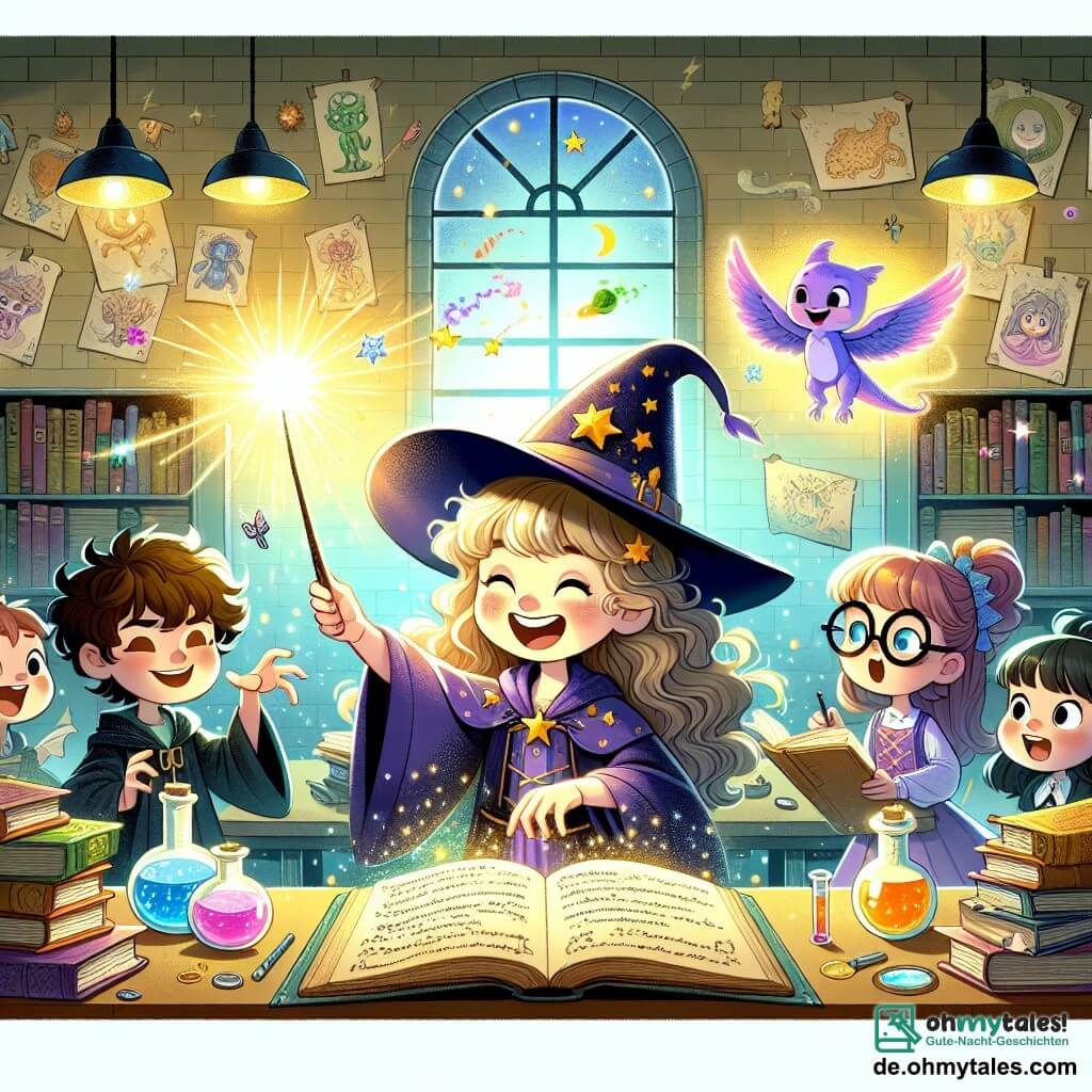 Illustration einer magischen Szene in einem Klassenzimmer einer Zauberschule. Die Wände sind mit fliegenden Büchern und lebendigen Bildern geschmückt, während ein großes Fenster Sonnenlicht hereinlässt und Regale voller bunter Tränke erleuchtet. In der Mitte zaubert ein junges Lehrlingsmädchen, etwa acht Jahre alt, mit langen lockigen Haaren und einem spitzen Hut, der mit Sternen verziert ist. Sie hält einen funkelnden Stock in einer Hand und lächelt begeistert, umgeben von einer leuchtenden Aura. Neben ihr schauen zwei Klassenkameraden, ein Junge mit zerzausten Haaren und ein Mädchen mit runden Brillen, beide etwa acht Jahre alt, fasziniert zu. Der Junge, in einem blauen Zaubererumhang, zeigt auf einen fröhlich tanzenden Lichtdrachen in der Luft, während das Mädchen in lila Robe konzentriert Notizen auf einem Pergament macht. Die Hauptsituation zeigt die Lehrlingszauberin, die einen Zauber wirkt, der einen lachenden Drachen aus Licht und lebhaften Farben erschaffen hat, der durch den Raum schwebt, während die anderen Kinder lachen und klatschen, gefesselt von der Magie. Lichtblitze und funkelnde Sterne schweben in der Luft und verleihen dieser fröhlichen und bezaubernden Szene einen Hauch von Märchenhaftigkeit.