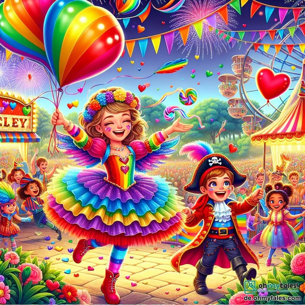 Illustration eines lebhaften Karnevals in einem bunten Park, mit bunten Girlanden, die in der Luft wehen, und herzförmigen Ballons, die in den Himmel steigen. Im Mittelpunkt der Szene lächelt ein 11-jähriges Mädchen in einem „Regenbogen“-Kostüm mit einem bunten Tüllrock von Rot bis Violett, glitzernden Flügeln und einem Blumenkranz auf dem Kopf, während es einen großen Ballon hält. An ihrer Seite lacht ein 11-jähriger Junge, der als Pirat verkleidet ist, mit einem gefiederten Hut und einem falschen Säbel, und zeigt auf eine Karnevalsbeschäftigung. Im Hintergrund tanzen und haben Kinder in verschiedenen festlichen Kostümen Spaß, während ein Süßigkeitenstand bunte Leckereien anbietet. Feuerwerke erleuchten den Himmel und verleihen dieser fröhlichen und festlichen Szene einen magischen Touch.
