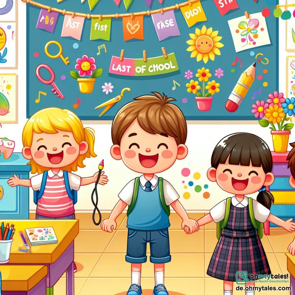 Une illustration destinée aux enfants représentant un garçon joyeux le dernier jour d'école, entouré de ses amis (un garçon et une fille), dans une salle de classe colorée et décorée de dessins et de fleurs.