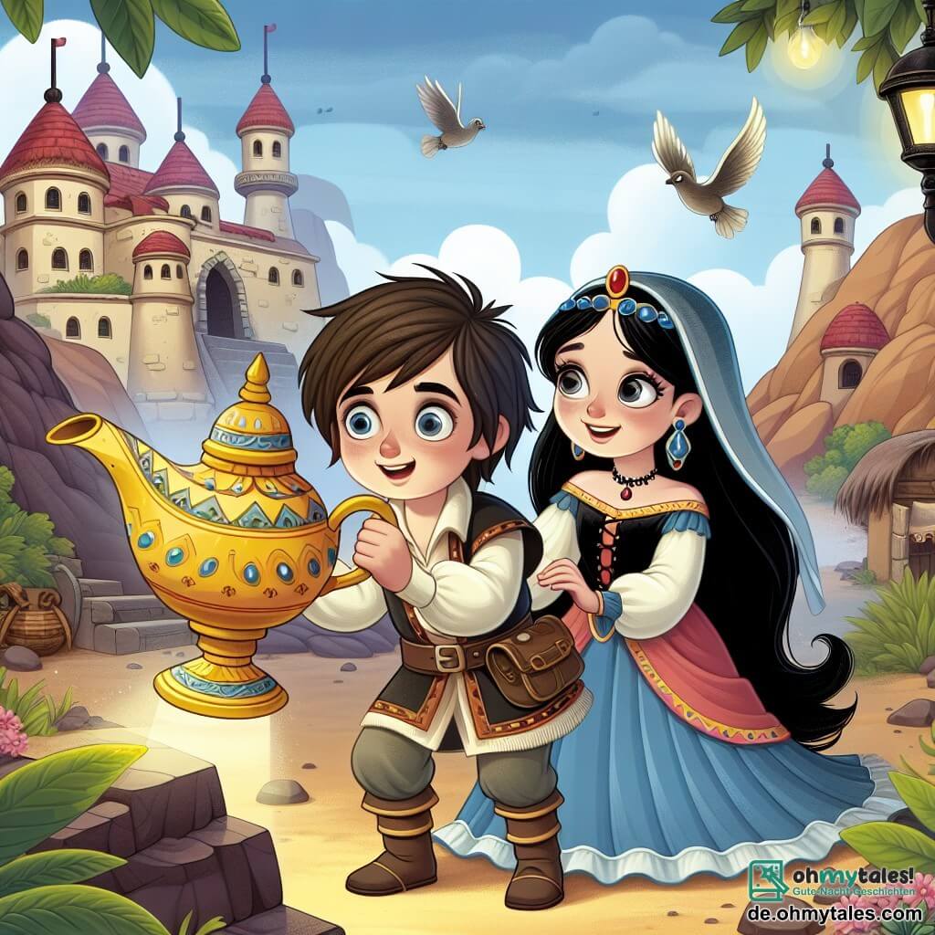 Une illustration destinée aux enfants représentant un jeune garçon intrépide, vivant dans un petit village au bord du désert, découvrant une lampe magique dans une grotte enchantée, accompagné d'une princesse courageuse aux longs cheveux noirs.