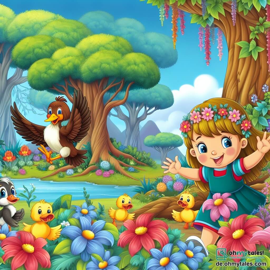 Une illustration destinée aux enfants représentant une fillette joyeuse découvrant un oiseau espiègle dans un jardin fleuri, accompagnée de charmants canetons jouant dans un bois mystérieux aux arbres géants et aux fleurs multicolores.