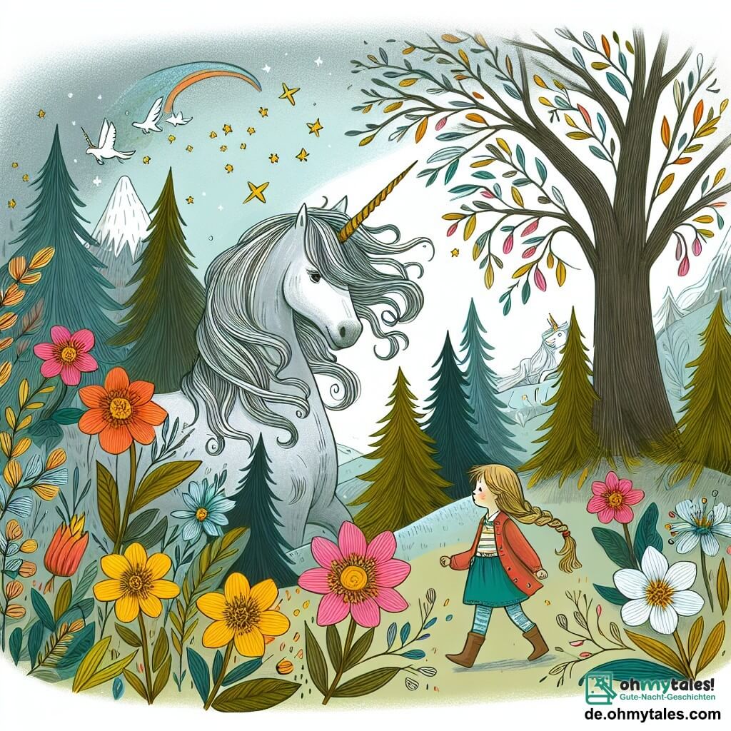 Une illustration destinée aux enfants représentant une magnifique licorne aux reflets argentés, une petite fille curieuse et le mystérieux Regenbogenwald, où les fleurs aux couleurs vives dansent au gré du vent et les arbres murmurent des secrets anciens.