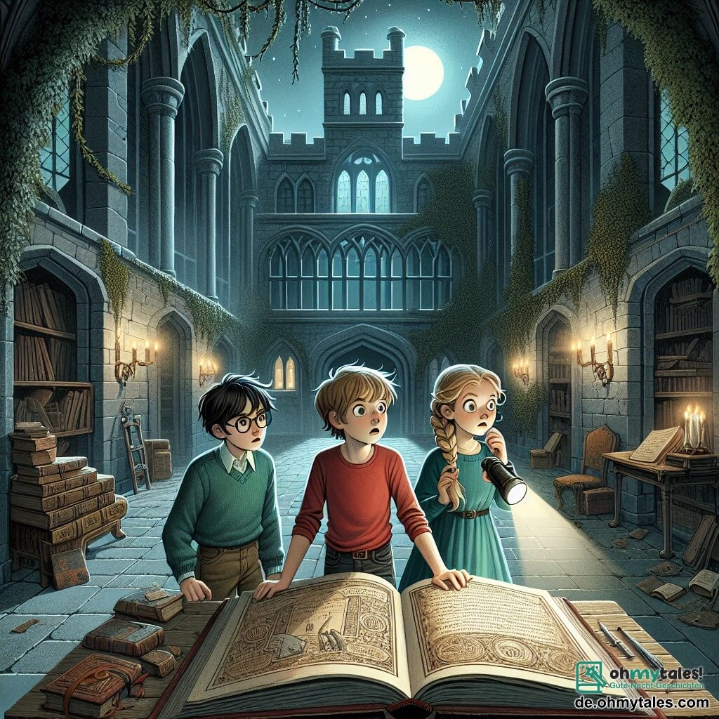 Illustration eines alten, mysteriösen Schlosses mit grauen Steinmauern, die mit Efeu bedeckt sind, und dunklen Fenstern, durch die das Licht des Mondes durch die Äste der umliegenden Bäume fällt. Im Zentrum des Bildes stehen drei Kinder in einem großen, staubigen Raum: ein 10-jähriger Junge mit zerzausten braunen Haaren, der ein rotes T-Shirt und Shorts trägt und fasziniert ein großes, altes Buch auf einem Holztisch betrachtet. Neben ihm ein 9-jähriges Mädchen mit geflochtenen blonden Haaren, das ein blaues Kleid trägt und mit weit aufgerissenen Augen auf eine Seite des Buches zeigt. Links von ihnen steht ein 11-jähriger Junge mit Brille und schwarzen Haaren, der einen grünen Pullover trägt und eine Taschenlampe hält, die das Buch beleuchtet und Illustrationen von versteckten Schätzen zeigt. Die Atmosphäre ist sowohl faszinierend als auch leicht beängstigend, mit Schatten in den Ecken des Raumes und Spinnweben, die von der Decke hängen, was ein Gefühl von Abenteuer und Geheimnis erzeugt.