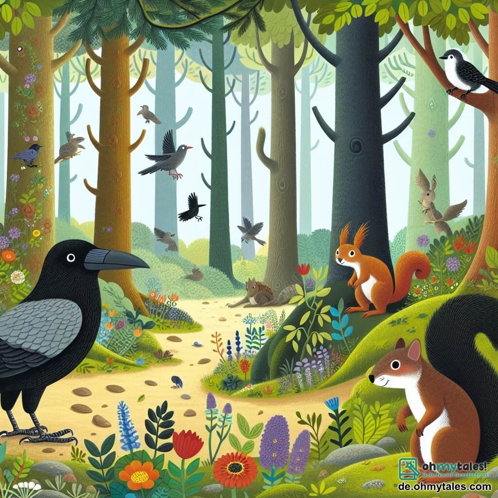 Une illustration destinée aux enfants représentant un corbeau curieux, un écureuil malicieux, dans une forêt enchantée aux arbres touffus et au sol parsemé de fleurs colorées.