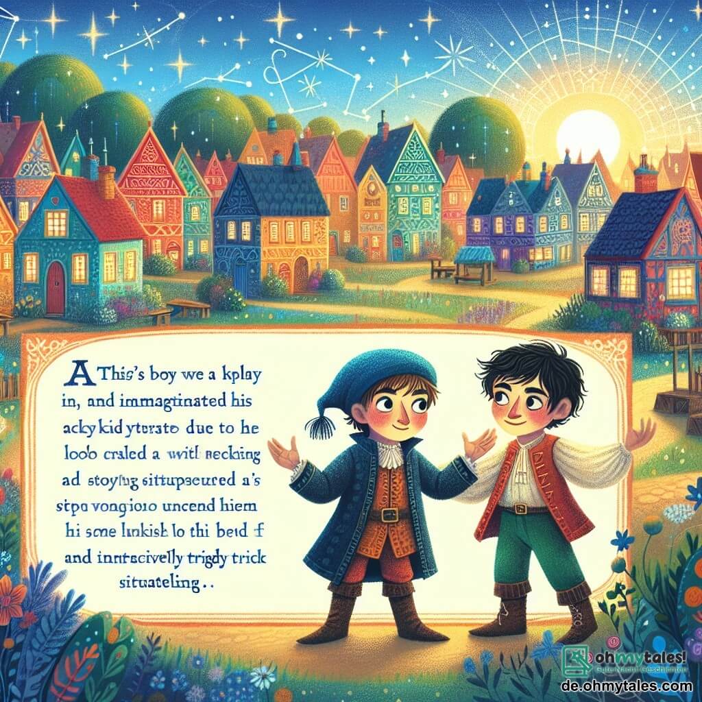 Une illustration destinée aux enfants représentant un garçon espiègle et imaginatif, se trouvant dans une situation délicate à force de raconter des histoires, accompagné de son meilleur ami, un garçon loyal et compréhensif, dans une charmante petite ville aux maisons colorées et aux jardins fleuris, sous un ciel bleu et ensoleillé.
