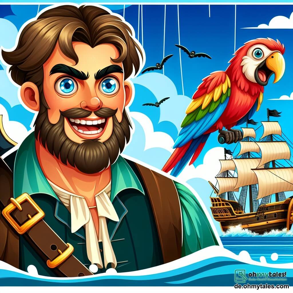 Une illustration destinée aux enfants représentant un grand pirate au sourire éclatant, accompagné de son fidèle perroquet, affrontant un pirate maléfique sur un navire majestueux au milieu de l'océan, sous un ciel bleu parsemé de quelques nuages blancs.