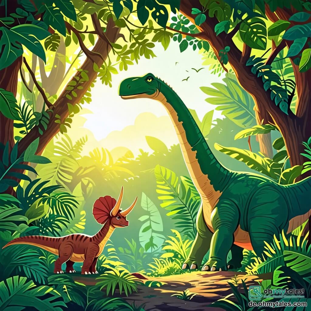 Une illustration sous forme de dessin destinée aux enfants représentant un vaste et verdoyant dôme de feuillage dans un luxuriant dschungel, où un grand diplodocus à la peau verte et au long cou s'étire pour atteindre des feuilles juteuses au sommet d'un arbre, tandis qu'un petit triceratops aux cornes pointues et à la peau brune l'observe avec admiration, le tout baigné par une douce lumière du soleil filtrant à travers les branches, capturant l'esprit d'aventure et d'amitié entre ces deux dinosaures.