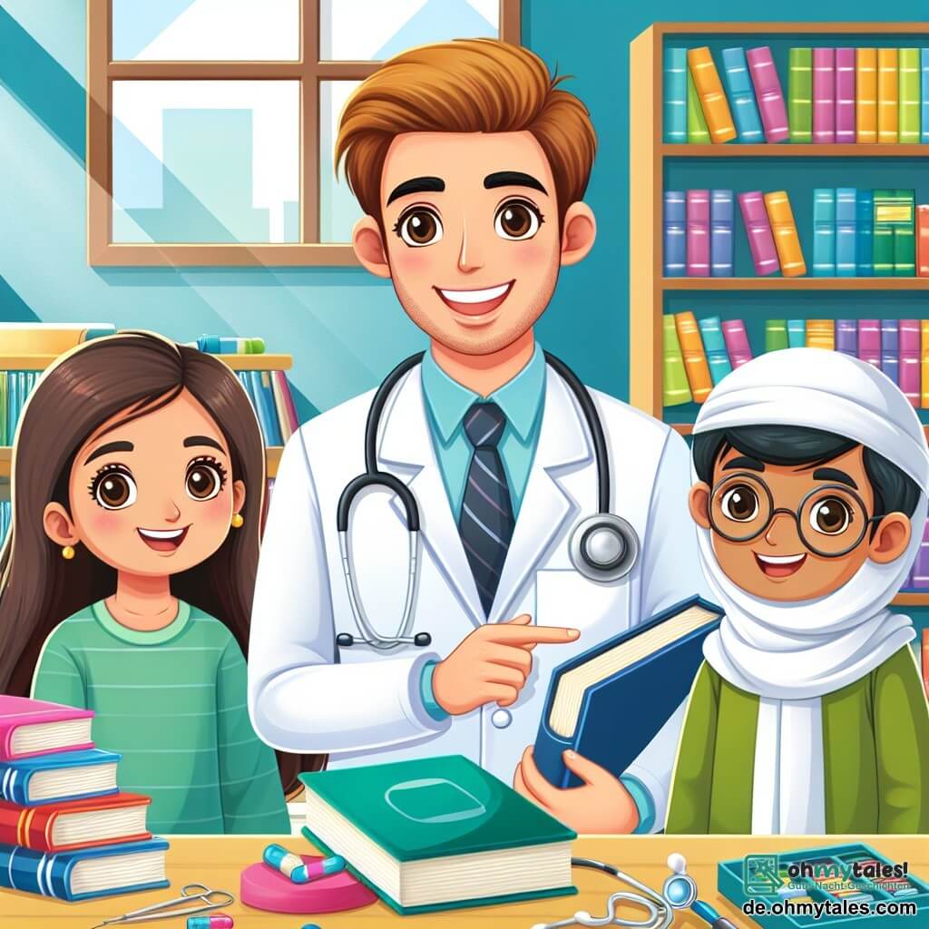 Une illustration destinée aux enfants représentant un homme médecin souriant, accompagné d'un garçon et d'une fille, explorant sa praxis lumineuse remplie de livres et d'instruments médicaux colorés.