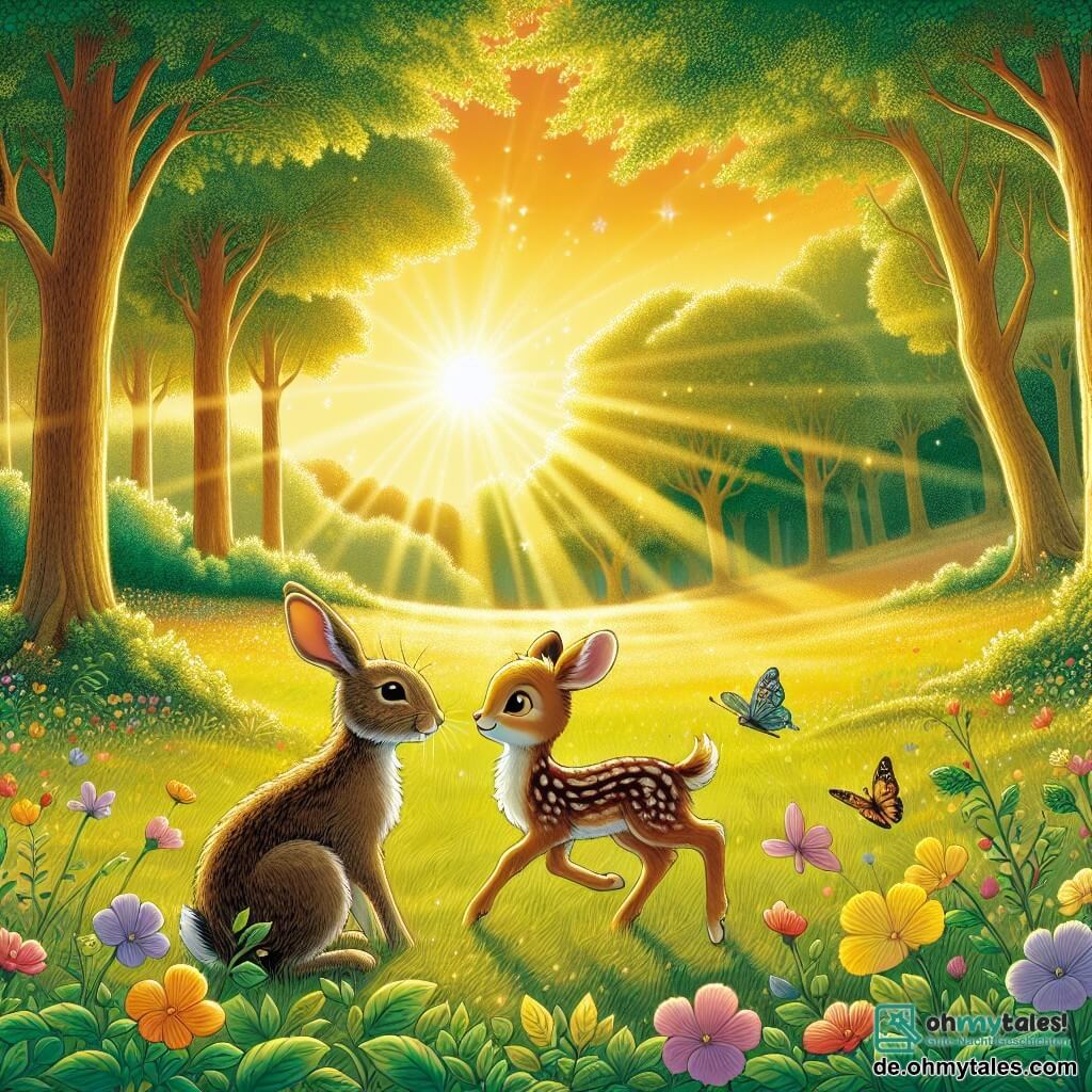 Illustration einer weiten Lichtung, die im goldenen Licht der untergehenden Sonne erstrahlt, umgeben von majestätischen Bäumen mit grünen Blättern. In der Mitte steht ein kleiner Hase mit großen Ohren und weichem, braunem Fell, dessen neugierige Augen funkeln. Er steht fröhlich auf seinen Hinterbeinen und lächelt strahlend. Neben ihm schaut ein junges Rehkitz mit geflecktem Fell und großen, sanften Augen bewundernd zu dem Hasen, seine Vorderbeine leicht gebeugt, als wäre es bereit zu springen. Die Szene strahlt eine Atmosphäre von Kameradschaft und Magie aus, während bunte Blumen sanft im leichten Wind tanzen und farbenfrohe Schmetterlinge umherfliegen, was diesem Moment von Freundschaft und Abenteuer einen Hauch von Zauber verleiht.