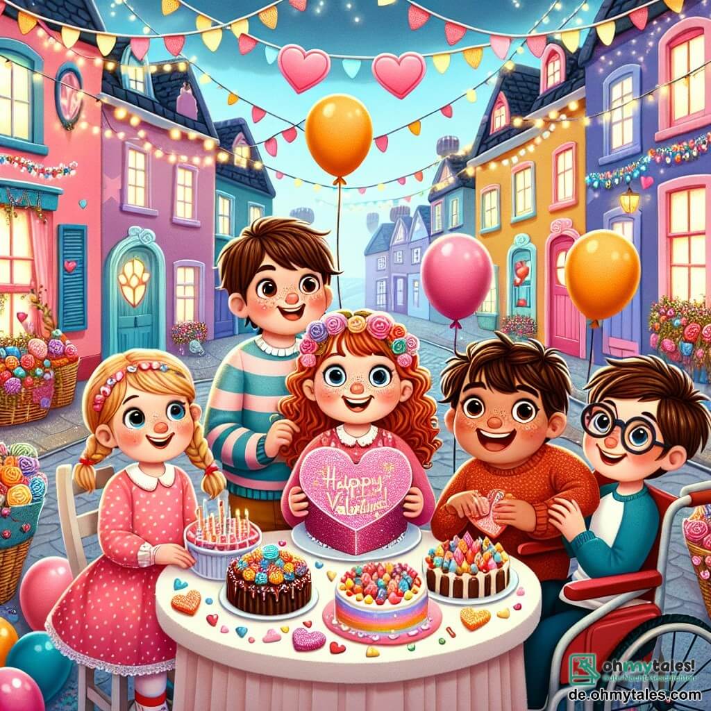 Illustration einer fröhlichen Szene in einer bunten Kleinstadt, wo die Häuser rosa, blau und gelb gestrichen sind, mit herzförmigen Girlanden, die in den Straßen hängen. Im Zentrum versammeln sich vier Kinder um einen großen Tisch, der mit Ballons und glitzernden Lichtern dekoriert ist, gefüllt mit köstlichen Leckereien wie herzförmigen Kuchen und bunten Süßigkeiten. Unter ihnen ist ein 8-jähriges Mädchen mit lockigem braunem Haar und strahlendem Lächeln, das ein rosa Kleid mit weißen Punkten trägt und eine mit Glitzer verzierte Valentinstagskarte hält. Neben ihr sitzt ein 9-jähriges Mädchen mit geflochtenem blonden Haar und Brille im Rollstuhl, trägt einen roten Pullover und lacht fröhlich, während sie eine Praline zeigt, die sie gemacht hat. Ein 8-jähriger Junge mit kastanienbraunem Haar und Sommersprossen trägt ein blaues T-Shirt und hält ein großes Papierherz, das er gezeichnet hat. Schließlich steht ein 7-jähriges Mädchen mit schwarzen Haaren und einem kleinen Blumenkranz, die Arme zum Sieg erhoben, umgeben von Konfetti. Die Hauptsituation zeigt die Kinder, die gemeinsam ihre Freundschaft und die Magie des Valentinstags feiern, Karten und Süßigkeiten austauschen, in einer Atmosphäre von Freude und Kameradschaft. Schwebende Herzen und funkelnde Sterne am Himmel verleihen dieser festlichen Szene einen Hauch von Magie.