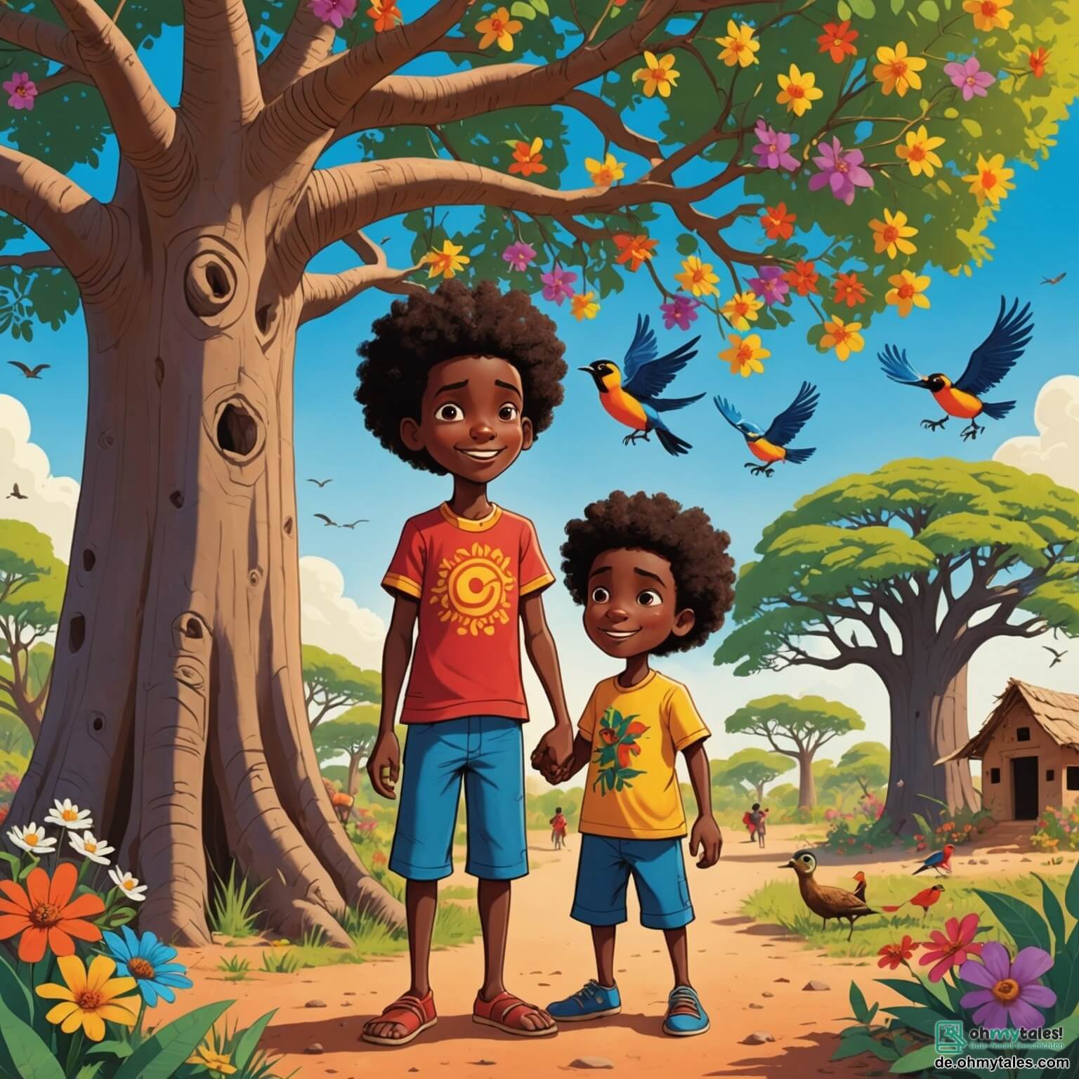 Une illustration destinée aux enfants représentant un jeune homme courageux aux yeux pétillants, se tenant sous l'ombre majestueuse d'un immense baobab aux branches tordues, tandis qu'il tient la main de sa petite sœur joyeuse, entourés de fleurs éclatantes et de chants d'oiseaux colorés, dans un village africain vibrant de couleurs et de vie.