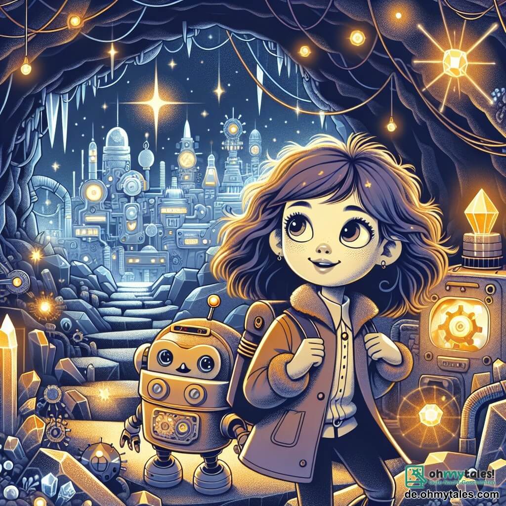 Une illustration destinée aux enfants représentant une jeune fille aux yeux étincelants et aux cheveux sauvages, accompagnée d'un petit robot joyeux, explorant une ville souterraine illuminée de cristaux scintillants et de machines étranges, dans une histoire de Science Fantasy.